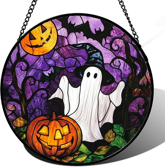 Stained Glass Window Hanging Halloween White Ghost Black Bat 11.8" - Suncatcher Door Garden Sunroom Horror Pumpkin Sun Catcher Birthday for Friend Mom Men Woman Nana