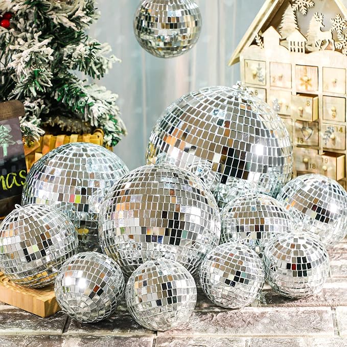 Libima 12 Pack Large Christmas Disco Ball Decoration Different Sizes Silver Mirror Hang Disco Ball Ornaments for Christmas Tree Birthday Wedding Holiday Party Favors Prom Props(8'', 6'', 4'', 3'')