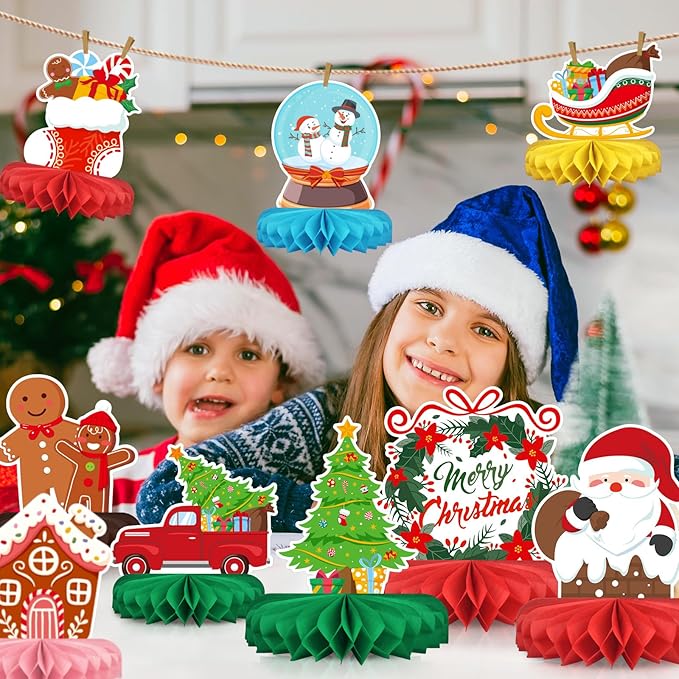Merry Christmas Party Decorations Bundle - Includes Festive Christmas Honeycomb Centerpieces ，Santa Claus Snowman Table Toppers, Perfect for Classroom Decor, Christmas & Winter Birthday Party Supplies