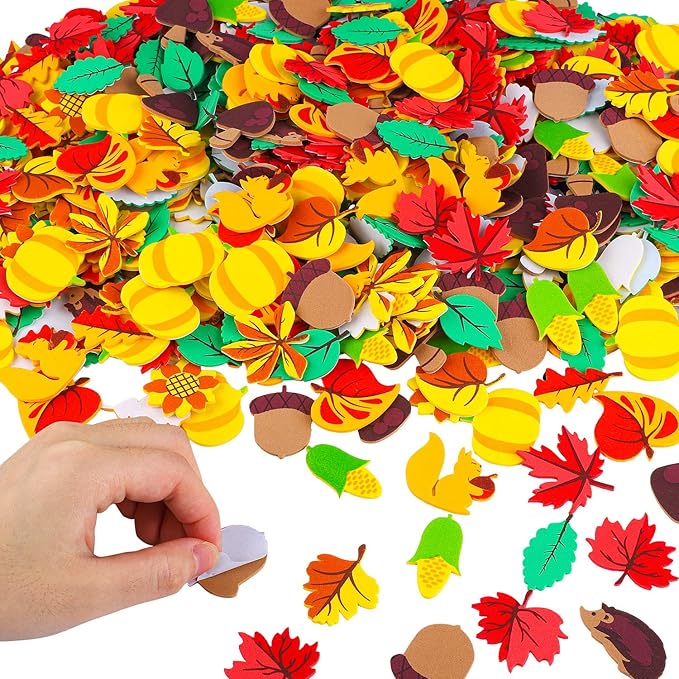 Aneco 500 Pieces Leaf Foam Stickers Self-Adhesive Fall Maple Squirrels Acorns Stickers for Fall Thanksgiving Scrapbooking Craft Decorations, Assorted Fall Theme