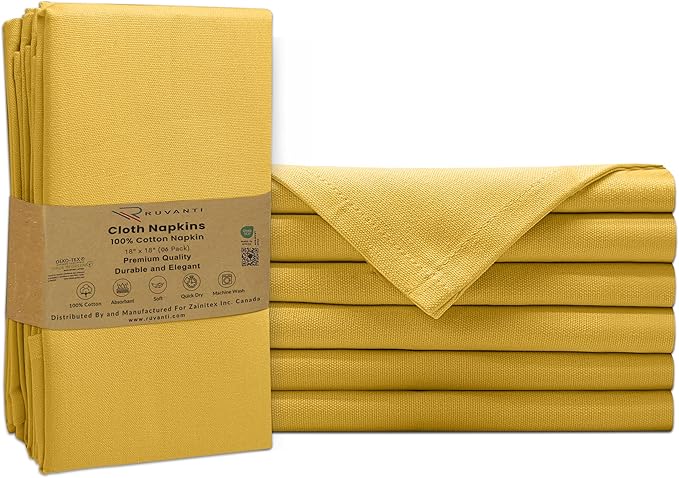 Ruvanti Premium Cloth Napkins Set of 6, 18x18 Inches, 100% Cotton, Washable, Soft & Absorbent, Perfect for Wedding, Christmas, ‎Thanksgiving Dinners - Spicy Mustard