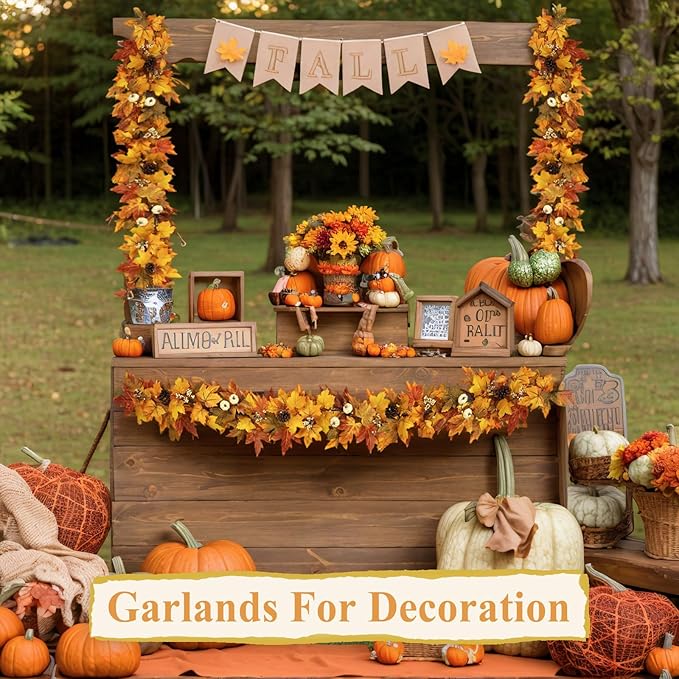 Fall Garland with Lights Outdoor 6FT Autumn Fall Leaves Garland with Pinecones Berries 30 Warm Lights Thanksgiving Christmas Fall Decorations for Home Table Farmhouse Porch Fireplace (Fall Orange)