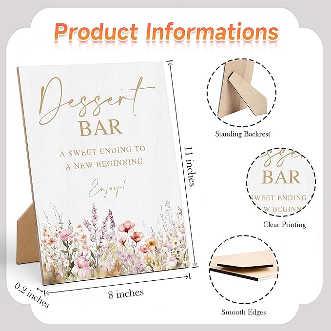Floral Wedding Dessert Bar Sign, Wedding Reception Table Decorations, Reception Table Wooden Sign with Back Stand for Bridal Shower Parties, Engagement Night Accessories, Anniversary Party, 6