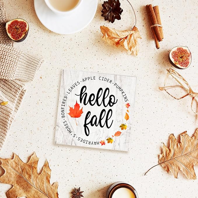 Hello Fall Maple Leaves Wood Box Sign Funny Autumn Wooden Block Desk Decor for Home Office Kitchen Cubicle Table Shelf Tabletop,Farmhouse Fall Sign Decor