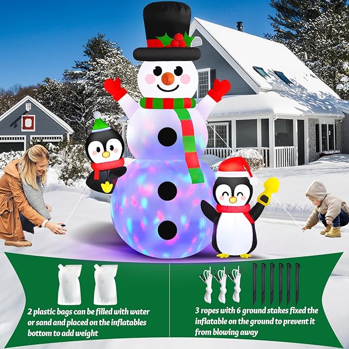 Danxilu 6FT Christmas Inflatable Snowman with Penguins Built-in Rotating Colorful LED Lights Outdoor Decorations- Blow Up Snowman and 2 Penguins Decor for Yard Garden Lawn Porch Xmas Holiday Party