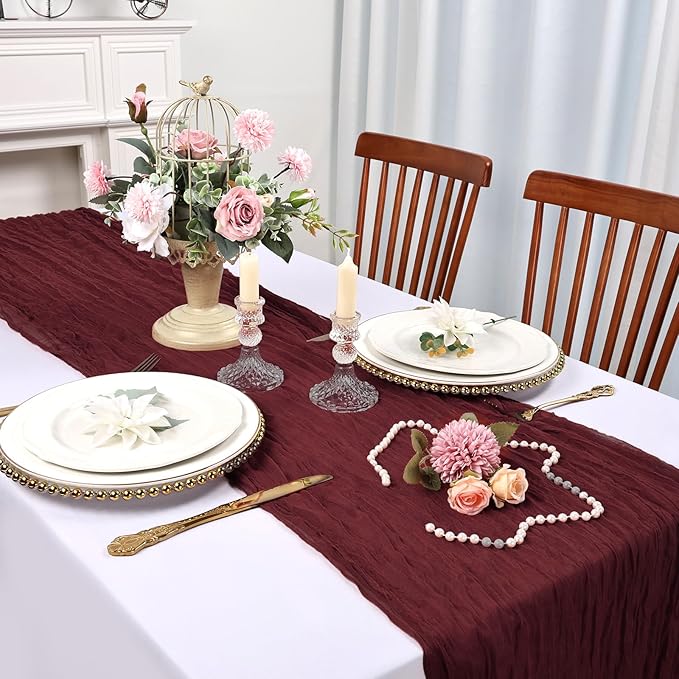 12 Pack Burgundy Cheesecloth Table Runner 10FT Boho Cheese Cloths Gauze Fabric Table Runners 120 Inch Rustic for Christmas Fall Thanksgiving Wedding Birthday Party Baby Shower Home Decorations