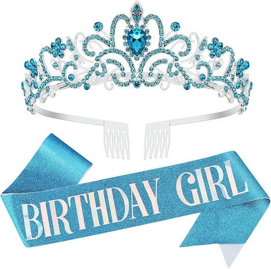 VELSCRUN Birthday Tiara & Crown Set - Princess Sash, Happy Birthday Girl Tiara, Party Decorations & Gifts