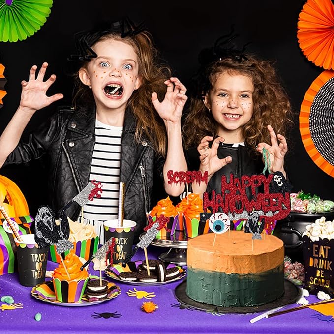 25pcs Have a Killer Halloween Cake Toppers Glitter Scream Cupcake Toppers Ghost Face Decorations for Scream Theme Birthday Halloween Party Cake Decorations Supplies