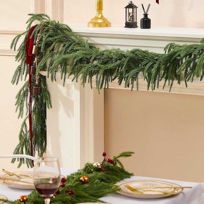 Faux Norfolk Pine Christmas Garland – Real Touch Greenery Artificial Cedar Christmas Garland for Fireplace Mantel, Staircase, Door Frame, Holiday Indoor Winter Décor (12FT)