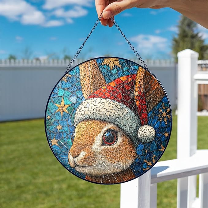 Desert Cottontail Rabbit Stained Glass Window Hanging Decor - Desert Cottontail Rabbit Christmas Decor - Wall Decor for Indoor Outdoor - Xmas Gift for Home Decor