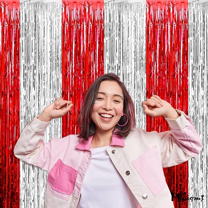 4 Pack 3.2Ft x 9.8Ft Red and Silver Fringe Curtain Backdrop, Metallic Tinsel Foil Fringe Streamers Curtains Background for Photo Booth Wedding Circus Welcome Carnival Birthday Party Decorations