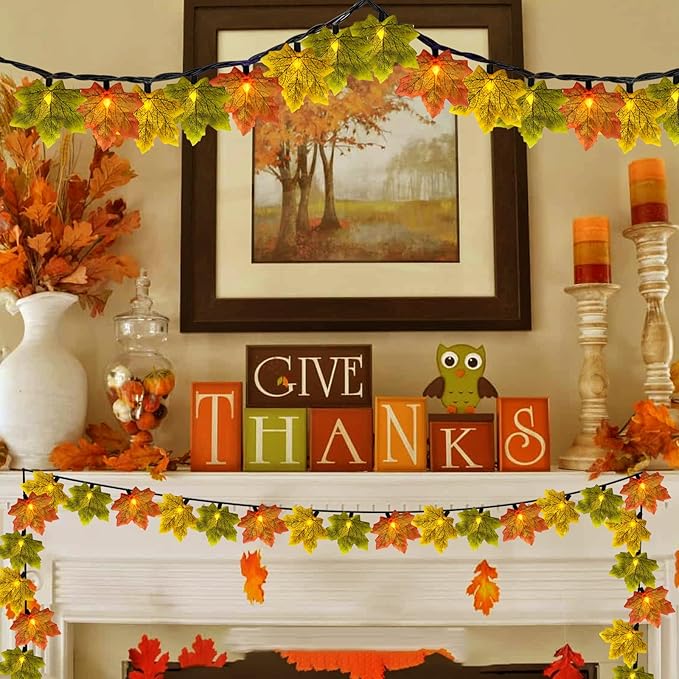 Fall Tricolor Autumn Maple Leaves Decoration Lights, 13.5FT Plug in Orange Yellow Green Maple Leaf String Lights with 35 LED Mini Bulbs for Thanksgiving Day Home Party Decor