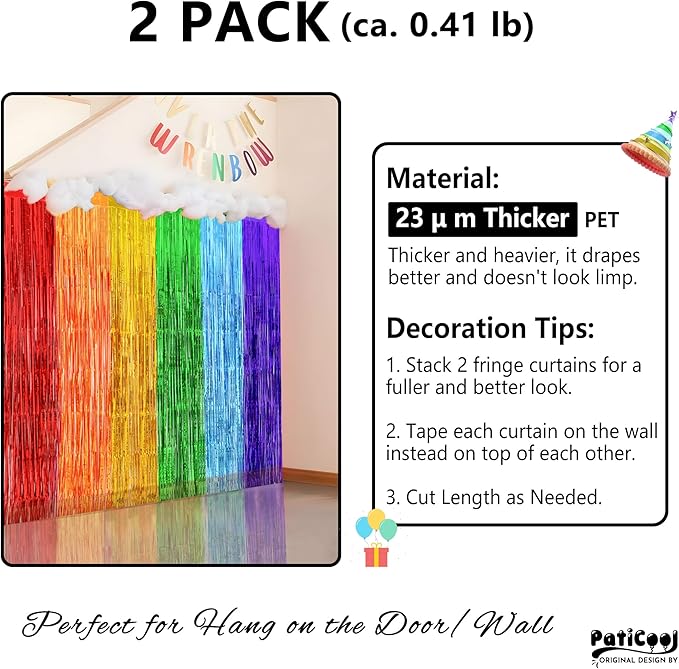 Pride Party Decorations - Rainbow Streamers Thicken 2 Pack 3.2 x 8.2 FT - Rainbow Tinsel Foil Fringe Curtains, Photo Booth Props Backdrops for Birthday, Fiesta, Mexican, Pride, Baby Shower