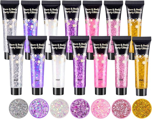 AROIC Kids Unicorn Hair Glitter，14Pcs Body &Face Shimmering Glitter Gel Set，Fairy Costume Sparkle Makeup for Girls，Holographic Sparkle Face Paint for Festivals Princess Birthday Party Gifts (7 Colors)