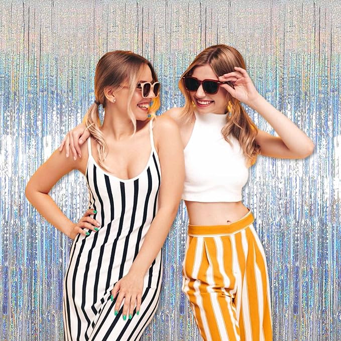 3 Pack Silver Foil Fringe Curtains Backdrop, 3.28 x 8.2 Ft Metallic Streamers Tinsel Curtains Background for Photo Booth, Birthday, Christmas, Halloween, Thanksgiving, New Year Party Decorations