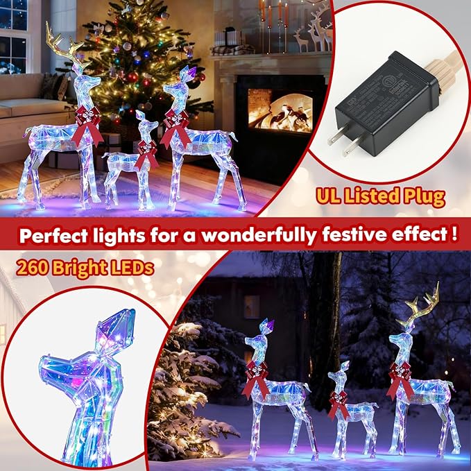 3-Piece Large Lighted Christmas Deer Family Set, 5FT Reindeer Christmas Decoration for Yard, Lawn, Front Porch, Xmas Deer Outdoor Decor with 260 LED Lights, Stakes, Zip Ties - Iridescent