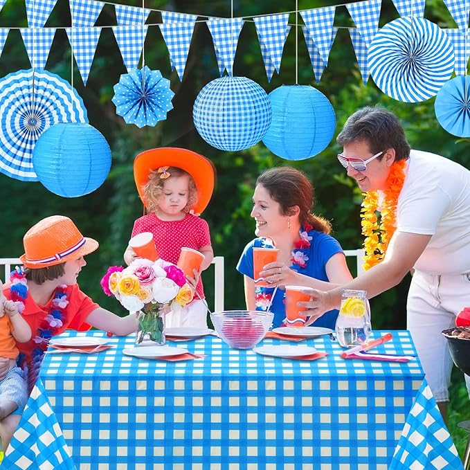 Hortsun 18 Pcs Blue and White Gingham Christmas Party Supplies Include Paper Lanterns Plastic Tablecloth Pennant Banner Paper Fans Christmas Picnic Decor for Holiday Party Home Dining Room