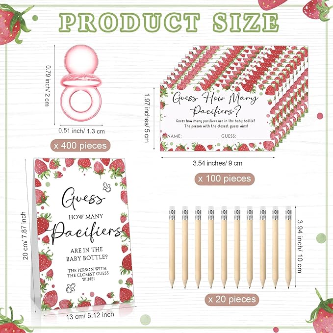 Roowest 512 Pcs Baby Shower Games Guess How Many Pacifiers Sign 100 Small Guessing Games 10 HB Pencils 750ml Milk Bottle 400 Acrylic Pacifiers Decoration for Guest Gender Reveal (Pink,Strawberry)