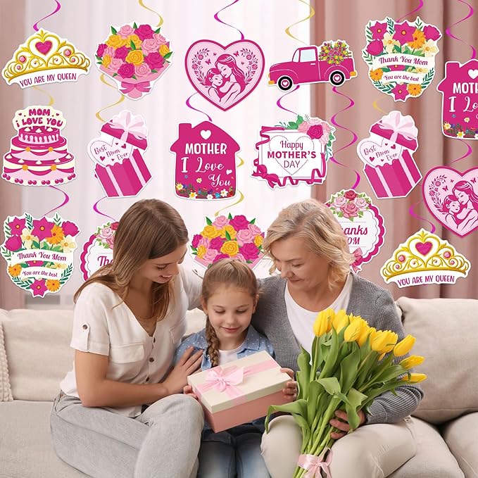 40Pcs Mother's Day Decorations Hanging Swirls, Double Sided Mother's Day Hanging Decorations Best Mom Ever Ceiling Hanging Foil Swirls for Mothers Day Party Decor