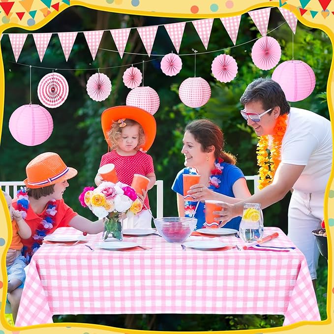 Hortsun 18 Pcs Pink and White Gingham Christmas Party Supplies Include Paper Lanterns Plastic Tablecloth Pennant Banner Paper Fans Christmas Picnic Decor for Holiday Party Home Dining Room