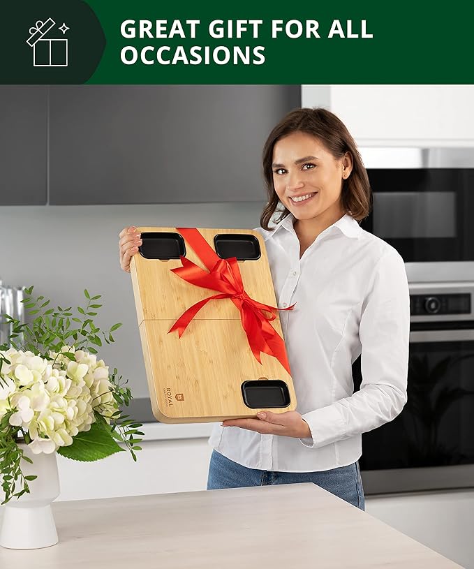 ROYAL CRAFT WOOD Extra Large Bamboo Charcuterie Boards - Large Charcuterie Board Set w/ 3 Sauce Bowls, 4 Knives & Slate Plate - Unique Cheese Board & Serving Tray - Ideal Housewarming Gift