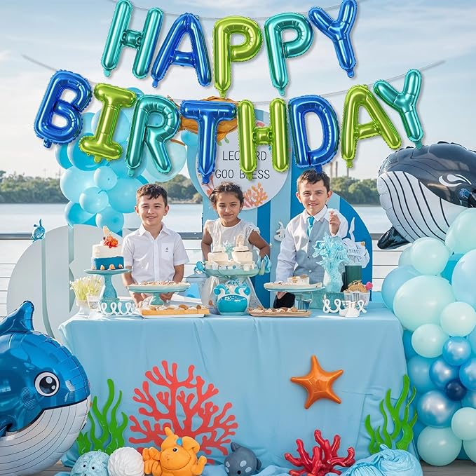 Blue and Green Happy Birthday Balloon Banner, 16 Inch Teal Blue and Lime Green Happy Birthday Bunting Banner Letter Foil Balloons for Boys Ocean Under the Sea Theme Birthday Party Decorations Supplies