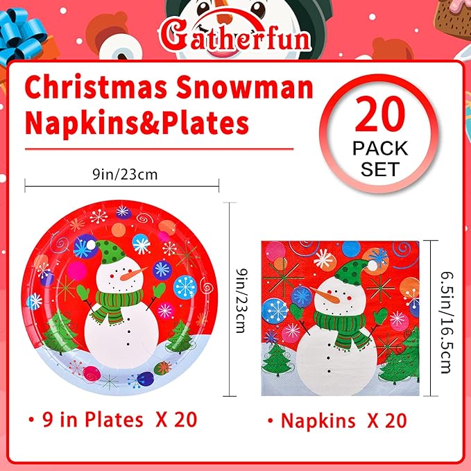 Gatherfun Christmas Party Supplies Christmas Snowman Disposable Paper Dinner Plates and Napkins for Party decorations, Serve 20
