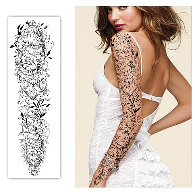Temporary Tattoo Full Arm 8 Sheets and Half Arm Shoulder Waterproof Fake Tattoos 10 Sheets, Extra Large LastingTattoo Stickers for Girls or Women