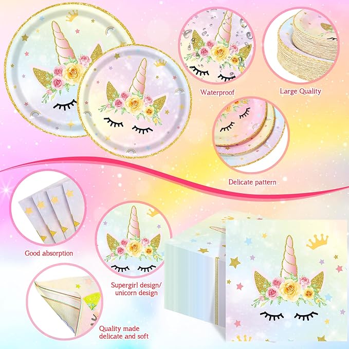 250 Pcs Unicorn Fairy Party Decoration for Girl, Happy Birthday Rainbow Floral Pastel Fairy Theme Paper Plates Napkins and Cups Tableware for Unicorn Baby Shower Party Supplies, Serves 50