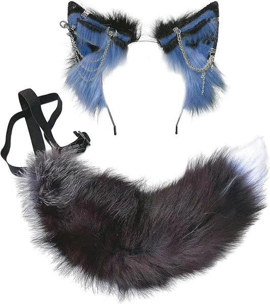 Wolf Ears Tail Set Fox Wolf Headbands Clips Fluffy Cosplay Costumes, Gothic Punk Accessories for Halloween