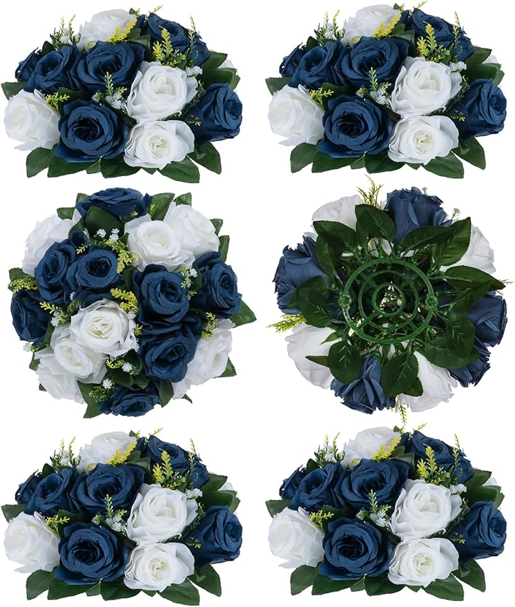 BLOSMON Flower Balls Table Centerpieces: 6 Pcs Fake Flowers Navy Blue White Wedding Kissing Rose Balls Decor - Artificial Floral Arrangements Flower Bouquet of Roses Home Party Table DIY Decorations