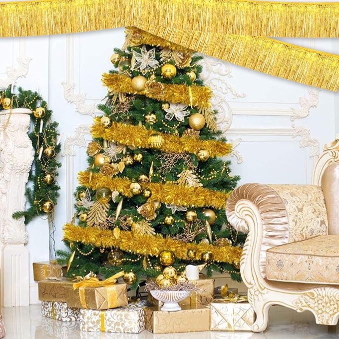 6 Pack 10 Feet Foil Fringe Garland Metallic Tinsel Banner Wall Hanging Curtain Streamers Backdrop for Parade Floats Bachelorette Wedding Birthday Party Thanksgiving Christmas Decorations(Gold)