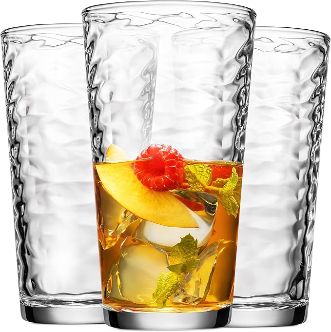 Glaver's Hammered Glass Cups. Cocktail Drinking Glasses Set of 6 Tall Kitchen Glasses, 17 oz Water Glassware For Bar, Juice, Beer, Iced Tea, Everyday Cordial Glasses Drinkware.