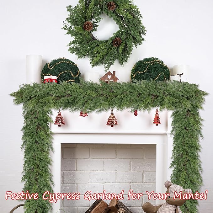 Artgar 6 Ft Christmas Cedar Garland - Realistic Greenery Cypress Garlands - Real Touch Artificial Pine Garland Christmas Decorations for Outdoor Home Dining Table Mantel Stair Porch Winter Xmas Decor