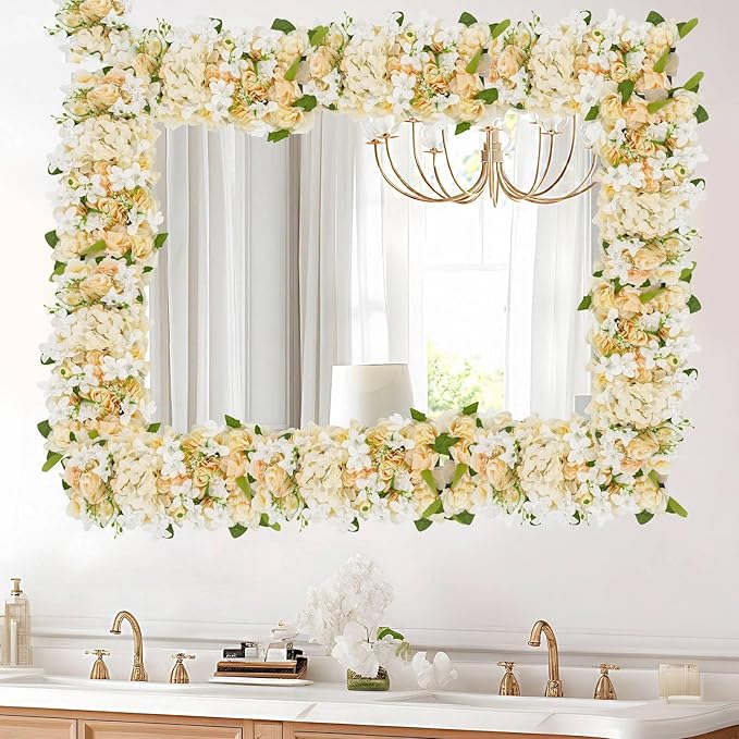 6 Pack Artificial Peony Garland,Wedding Arch Artificial Flower Panels,Flowers Wall Backdrop Panel for Wedding Dining Table Christmas Home Party Decor (White&Champagne)
