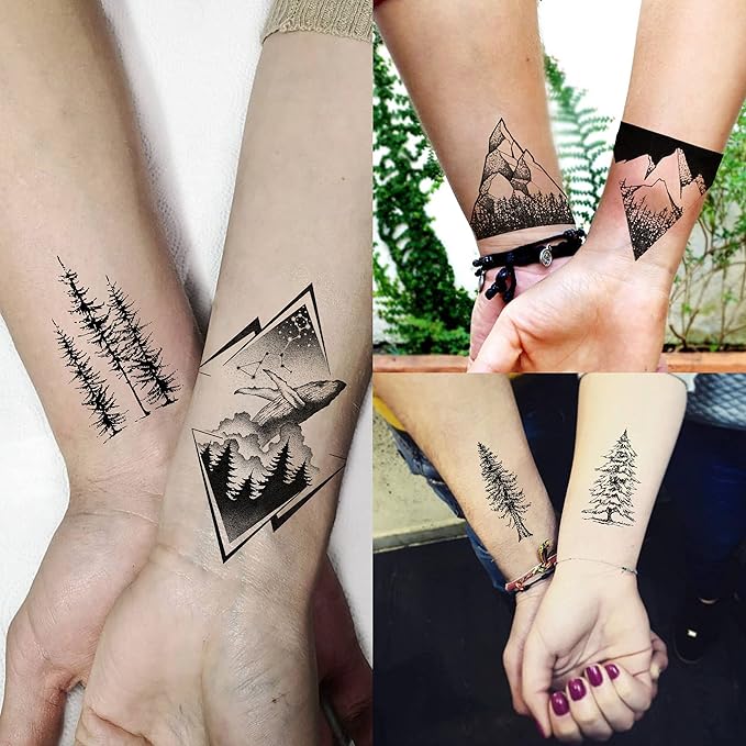 52 Sheets Small Black Mountain Temporary Tattoos For Men Women Adult, Geometric Sea Weave Forest Pine Tree Realistic Tattoo Sticker For Kids Children, Moon Sun Star Triangle Tatoos Outer Space