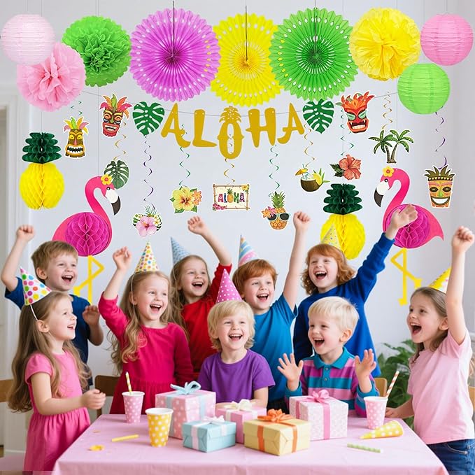 24 Pcs flamingo party decorations, Hawaiian Aloha Party Decorations, Luau Party Decorations, Flamingo Birthday Decorations Include Aloha Banner Flower Palm Flamingo Foil Ceiling For Summer Decorations