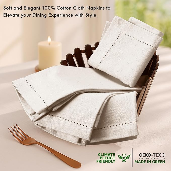 Ruvanti Cloth Napkins - 100% Cotton Dinner Napkins, Hem Stitched Corners, 18x18 Inch, 12 Pack - Soft, Absorbent, Durable, Reusable, Wrinkle Resistant for Formal Dining & Everyday Use - Natural Color