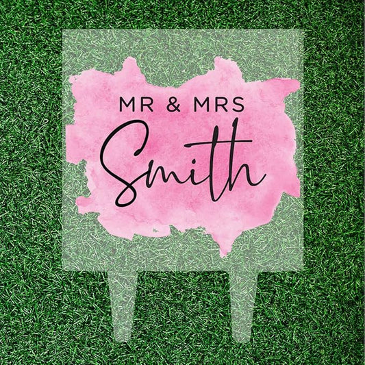 Andaz Press Modern Pink Watercolor Custom Wedding Cake Topper, Acrylic Square Personalized Couple Cake Topper
