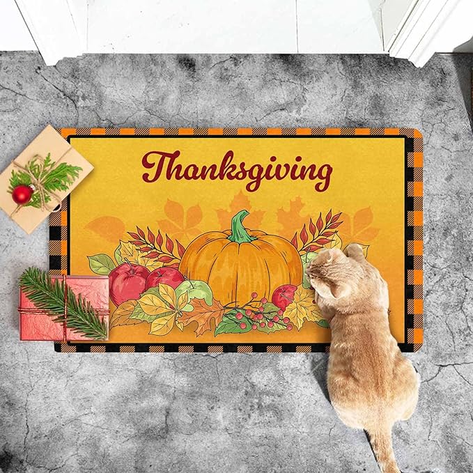 InterestPrint Happy-Thanksgiving Welcome Harvest Pumpkin Door Mat Front Door Outdoor Doormat Outside Entrance Porch Non Slip Rubber Rug Autumn Thanksgiving Farmhouse Decor, 30"x18"inch