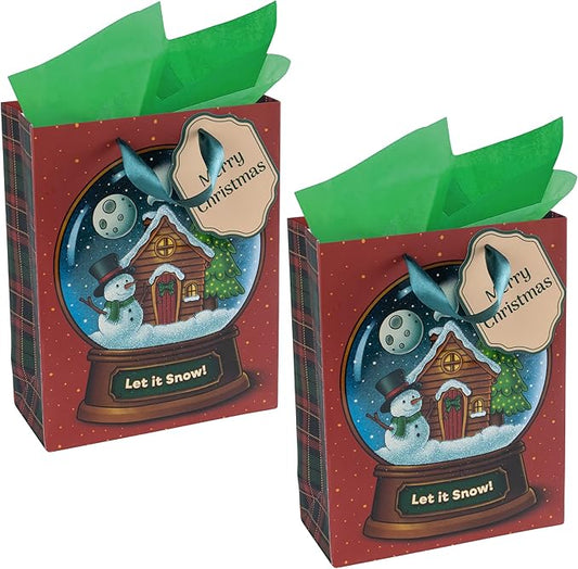 RACHELLE'S Snow Globe Christmas Gift Bags – Small 9"x7"x3" (2-Pack) – Sturdy Paper Gift Bags with Tissue Paper, Tag and Handle – Let It Snow – Perfect for Christmas Holiday Gifting & Party Favors
