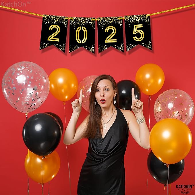 KatchOn,Glitter Graduation 2025 Banner - 8 Feet, No DIY | Black And Gold Graduation Banner 2025 | Graduations Decorations Class of 2025 | 2025 Sign For Graduations Decorations 2025 | Grad Party Decor