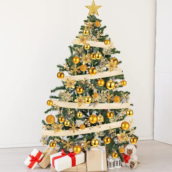 Sratte 94 Pcs Christmas Tree Decorations Set, Christmas Tree Ball Ornaments Glitter Poinsettia Flowers Decorations Glitter Berries Stems for Xmas Holiday Wedding(Gold)