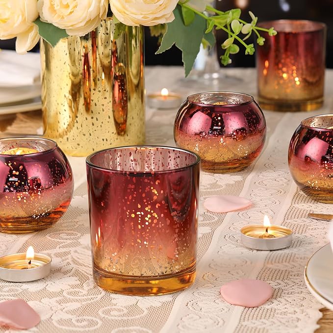 Volens 30pcs Assorted Burgundy Votive Candle Holders Bulk, Large Mercury Glass Votive for Wedding Table Centerpieces, Burgundy and Gold Themed Party Decorations and Home Decor