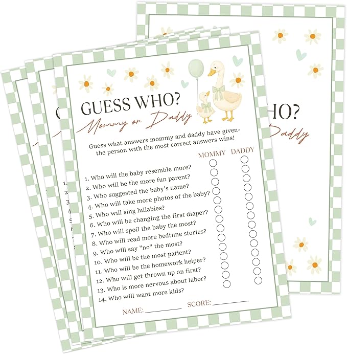 Goose Baby Shower Games, Sage Green Little Goose Guess Who Mommy or Daddy Game for 30 Guests with Game Cards, Gender Reveal, Baby Shower Supplies & Decorations (DV13)