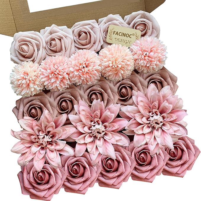 Dusty Roses Artificial Flowers Pink Fake Flower Bulk for DIY Wedding Bouquet Bridal Baby Shower Centerpiece Table Decorations Silk Faux Floral Arrangements for Party Home Decor Indoor