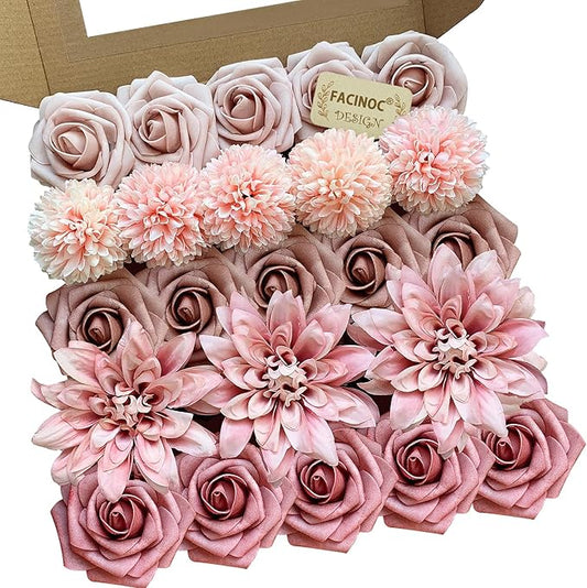 Dusty Roses Artificial Flowers Pink Fake Flower Bulk for DIY Wedding Bouquet Bridal Baby Shower Centerpiece Table Decorations Silk Faux Floral Arrangements for Party Home Decor Indoor