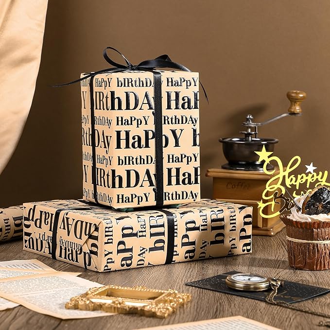 WRAPAHOLIC 3D Kraft Birthday Wrapping Paper Roll - Mini Roll - 17 Inch x 16.5 Feet - Black and Brown Happy Birthday Lettering Design with Embossed Perfect for Holiday, Party Celebration