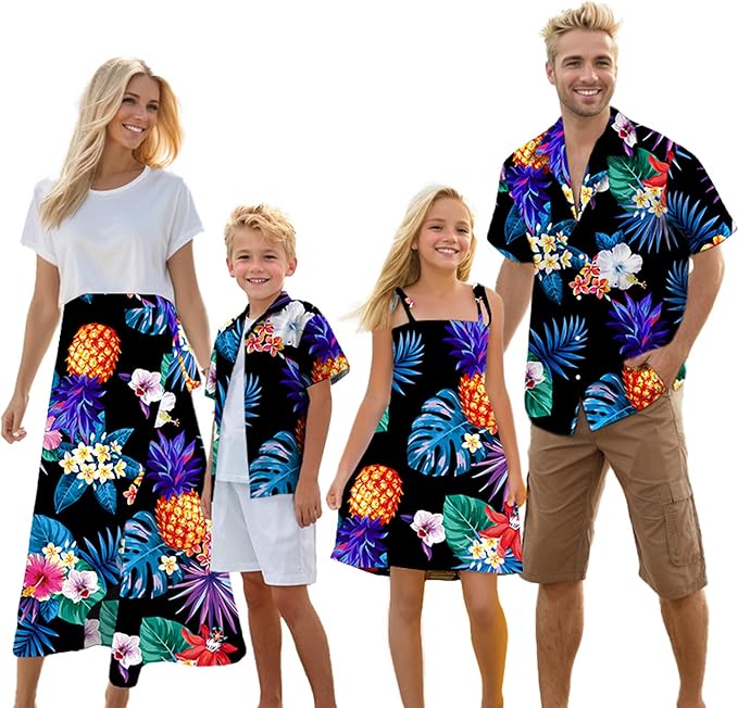 Cromoncent Matching Hawaiian Outfits for Family, Dad and Son Matching Luau Beach Tropical Shirts Mommy Daughter Tropical Sets