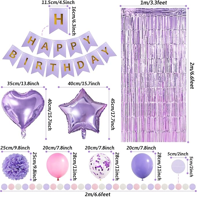 ZERODECO Pink Purple Birthday Party Decorations for Women Girls, Happy Birthday Banner Pompoms Balloon Arch Fringe Curtain Party Décor for Baby Girls Women Purple Pink Party
